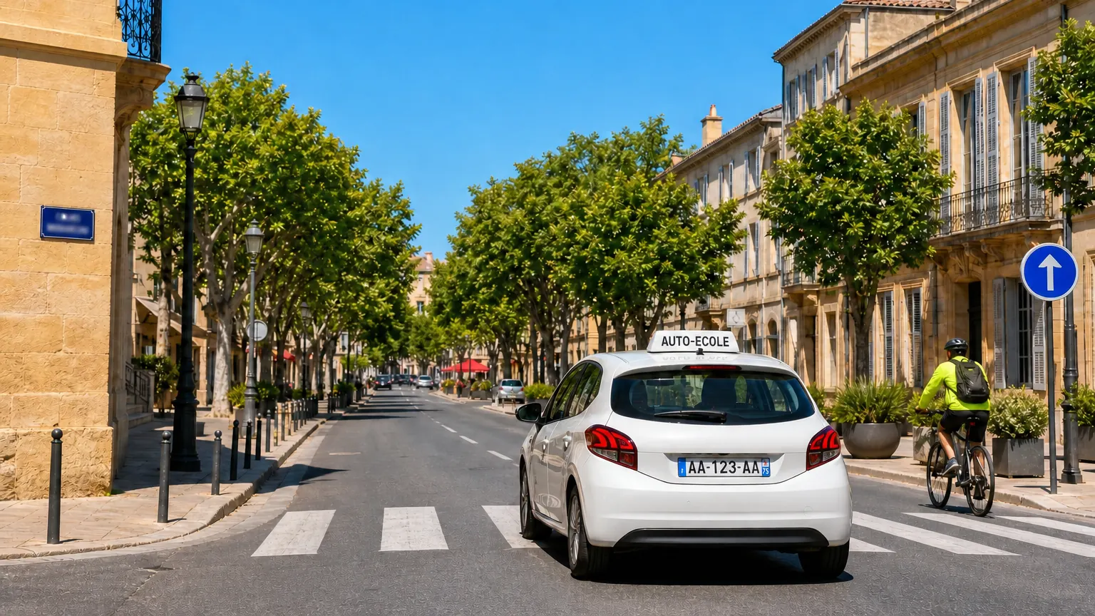 Une voiture blanche d’auto-école s’éloigne sur une avenue française bordée de platanes, un jour de grand soleil, avec un cycliste sur la voie de droite et une plaque de rue en émail bleu sur un mur en pierre de taille.