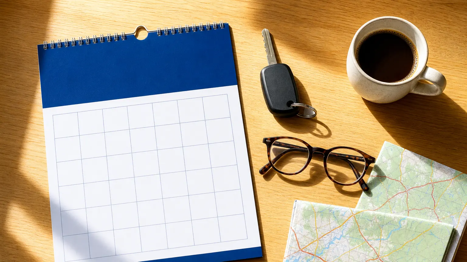 Vue de dessus d’une table en chêne clair au soleil, avec un calendrier à spirale dont la grille est vierge, une clé de voiture, une paire de lunettes, une tasse de café et une carte routière dépliée.